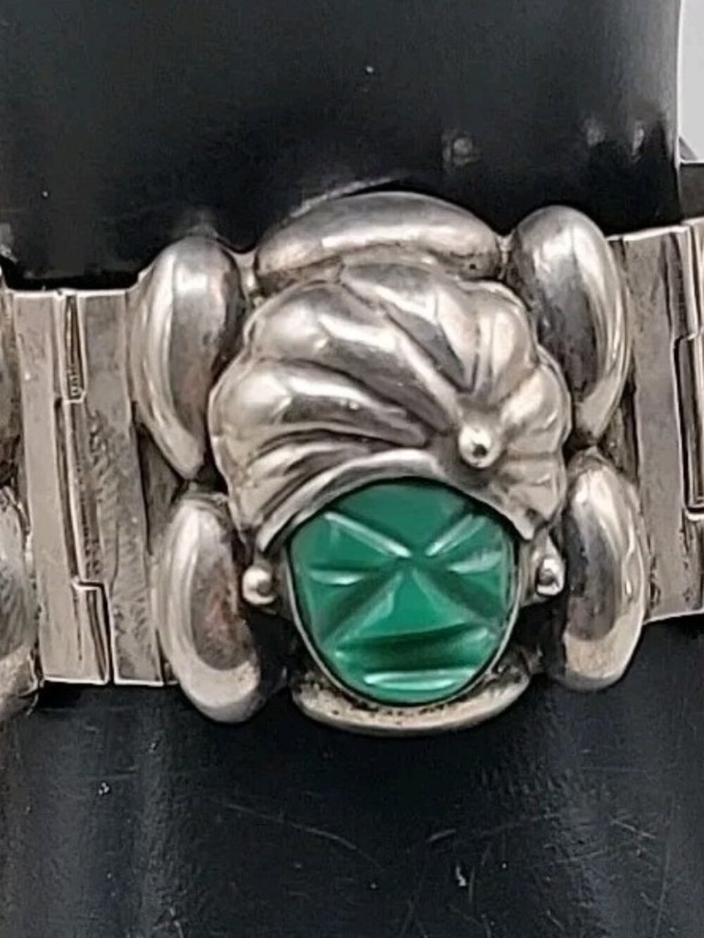 VTG Rancho Alegre Taxco 925 Green Onyx 5-Face Portrait Panel Bracelet 60.67g 7" - Picture 2 of 16